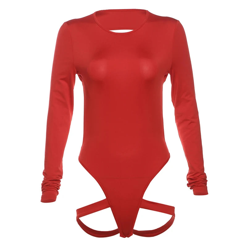 Hollow Backless Bodysuit Woman Summer Sexy Hottie Long-Sleeve Solid O-Neck Bandage Chic Bodyshape Skinny Clubwear Top