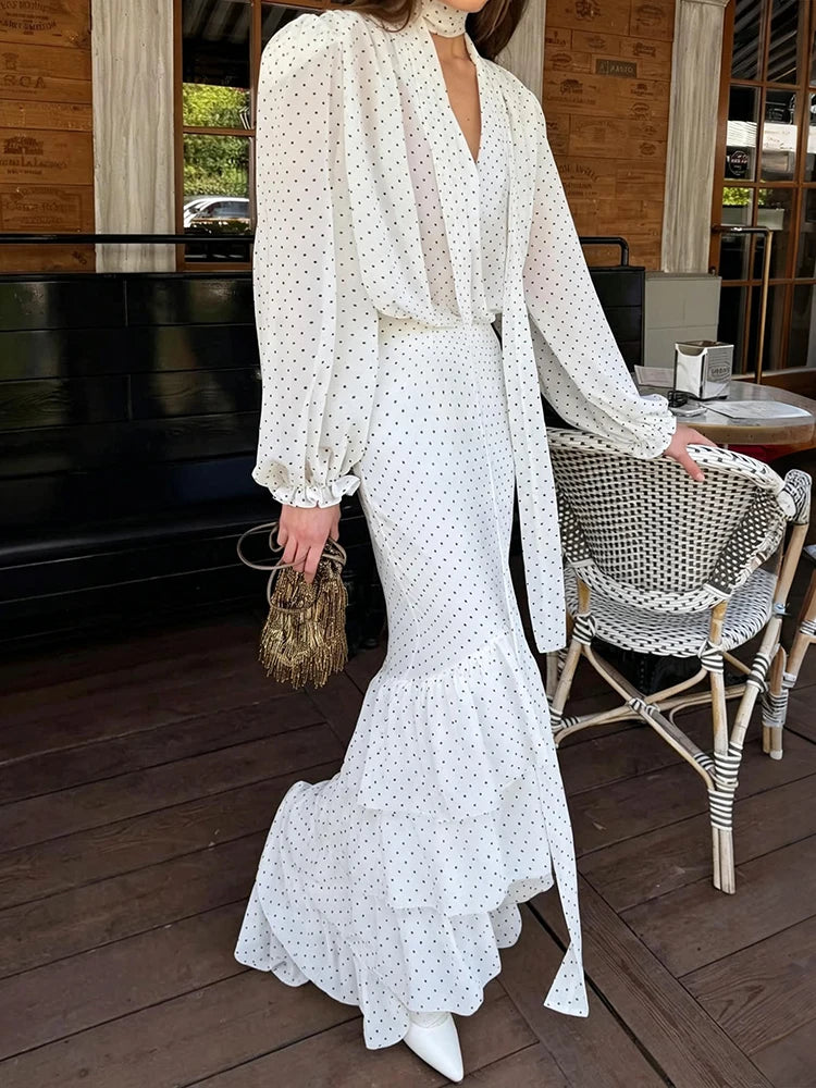 Polka Dot Print Mesh 2 Piece Set Women Trend Cross V-Neck Full Sleeve Tops+Ruffled Patchwork Skirt Elegant Party Suit