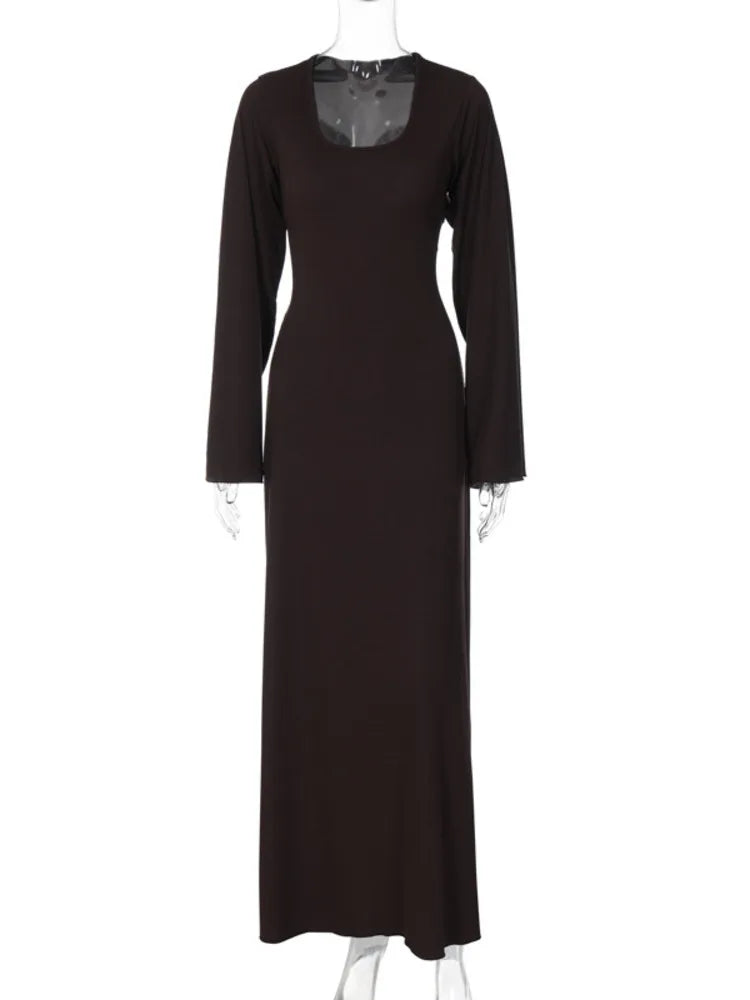 Ribbed Lace-up Long Sleeve Maxi Dress For Women 2023 Autumn Winter New Fashion Solid Bodycon Long Dress Elegant