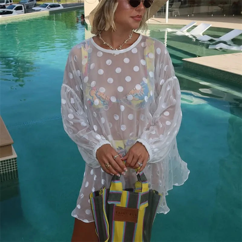 Sheer Mesh Long Puff Sleeve Casual Summer Cover Up T Shirt Blouse Women Y2K Polka Dot Beach Cover Up Shirt Dress