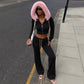 Black Two Piece Set Woman Fall Outfit Y2k Clothes 2000s Tracksuit Fluffy Faux-fur Hoodie and Flared Pants