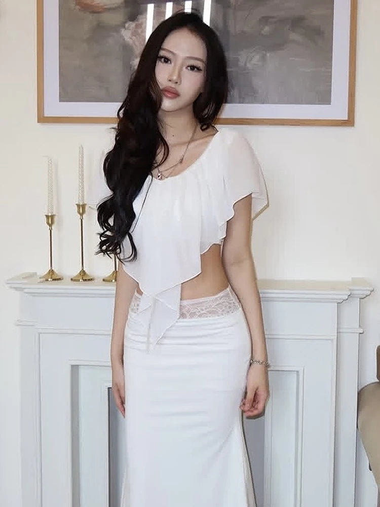 Elegant 2 Piece Set Women Fashion Trend Mesh Ruffled V-Neck Top+Lace Patchwork Long Skirt Sweet Chic Party Club Suits