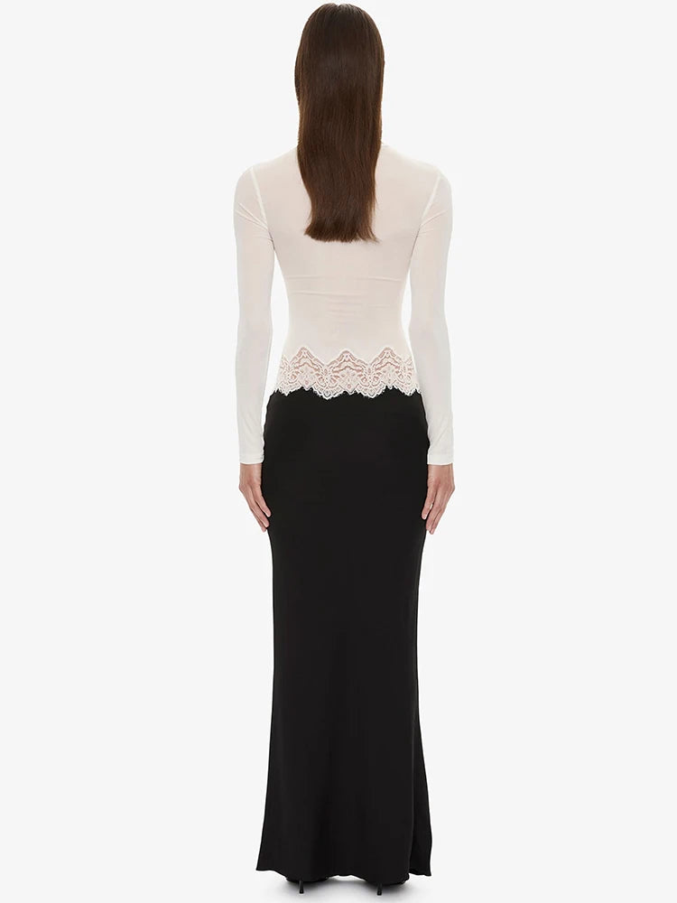 Women Color Block Maxi Dress Long Sleeve Cutout Mesh Top With Lace Trim Bodycon Mermaid Long Evening Party Dress