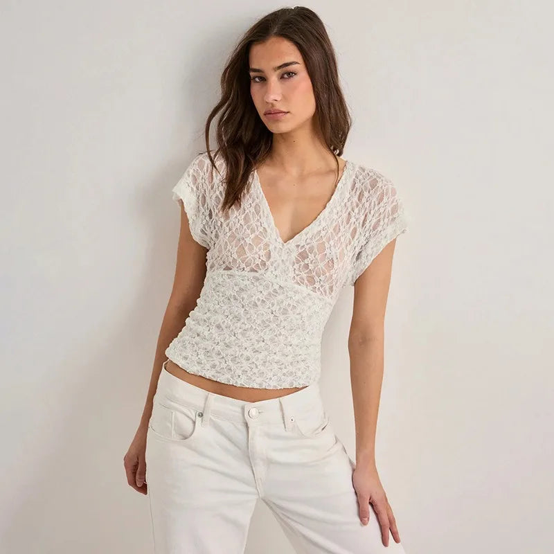 Black Lace Sheer V Neck Crop Top with Short Cap Sleeves Sexy T Shirts Fashion 2026 Woman Clothing