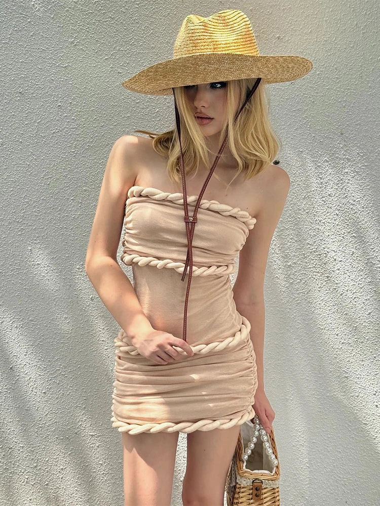 Plait Patchwor Dress Women Elegant Skinny Y2K Chic Strapless Summer Trend Sweet Birthday Party Street Mini Bodycon
