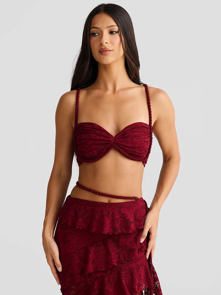 Summer Lace Sexy Two Piece Sets Women Fashion Strapless Crop Tops And Maxi Skirt Female Elegant Beach Party 2 Piece Set