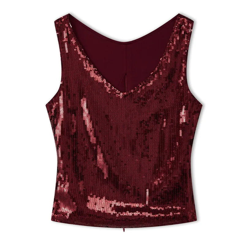 Y2K Glitter Shiny Sleeveless Shirt Vest Sequin Sparkle V Neck Tank Tops Women Slim Fitted Crop Top Festival Rave Clothes