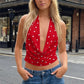 Women’s Satin Halter Tank Tops Summer Fashionable Dot Print Cowl Neck Backless Going Out Vest Party Club Rave Outfit