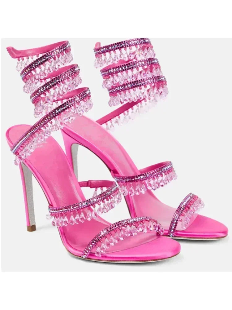 Women's New Water Diamond Sandals Fashion Tassel Crystal Shoes Sexy Banquet Party Twin Stiletto Women's Large Sandals