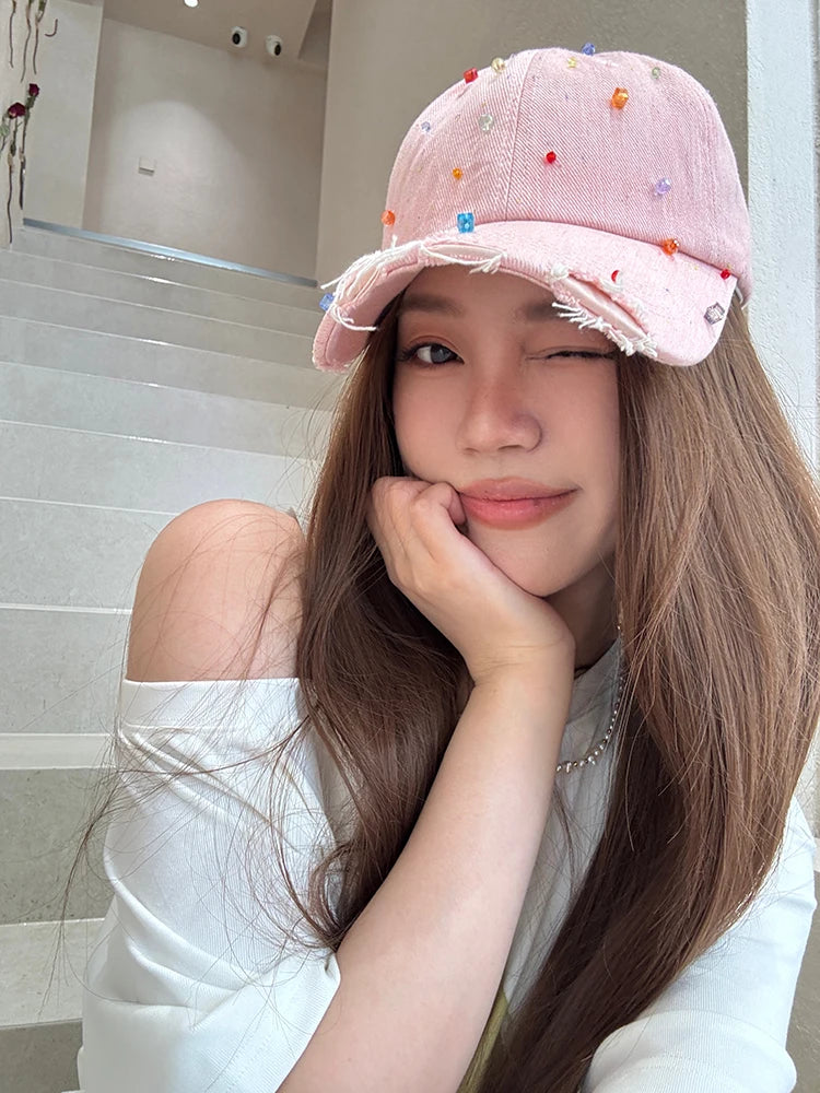 Women's Distressed Denim Baseball Cap with Colorful Beads, Light Blue Frayed Brim Hat for Beach, Sweet Street Accessory