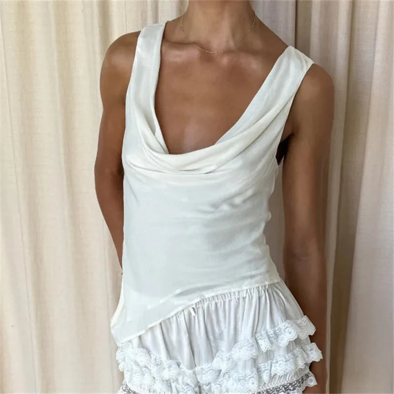 Cowl Neck Mesh Tank Top for Women Solid Color Sleeveless Sheer Blouse Asymmetric Hem Slim Fit Y2K Casual Party Wear