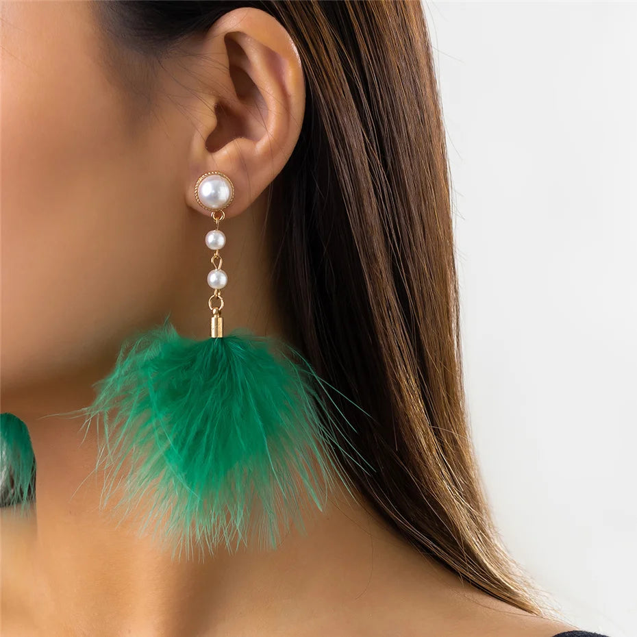 Romantic Long Tassel Fluffy Feather Drop Earrings for Women Wed Elegant Boho Imitation Pearl Dangle Earring Y2K Jewelry