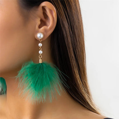 Romantic Long Tassel Fluffy Feather Drop Earrings for Women Wed Elegant Boho Imitation Pearl Dangle Earring Y2K Jewelry