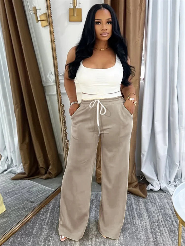 Casual Tracksuit 2 Piece Set Women Simple Solid Tank Tops+Drawstring Patchwork Straight Pants Fashion Sporty Sets