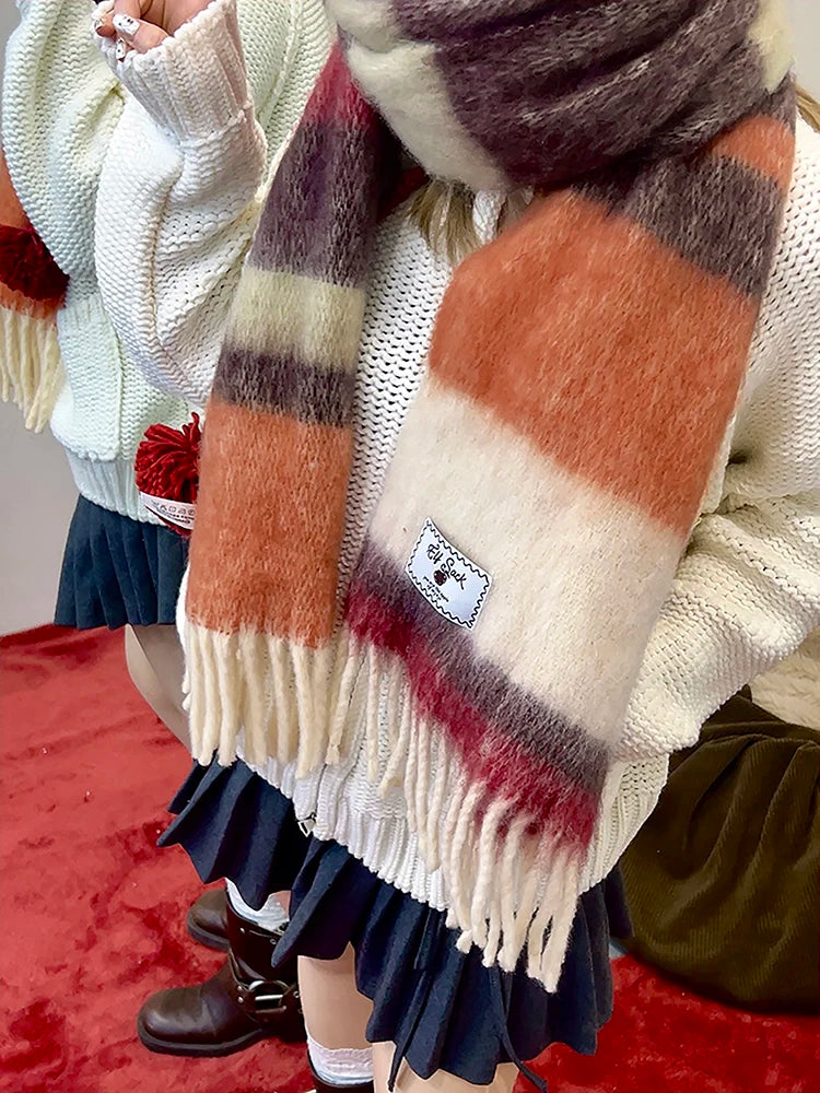 Retro Plaid Striped Plush Scarf for Women