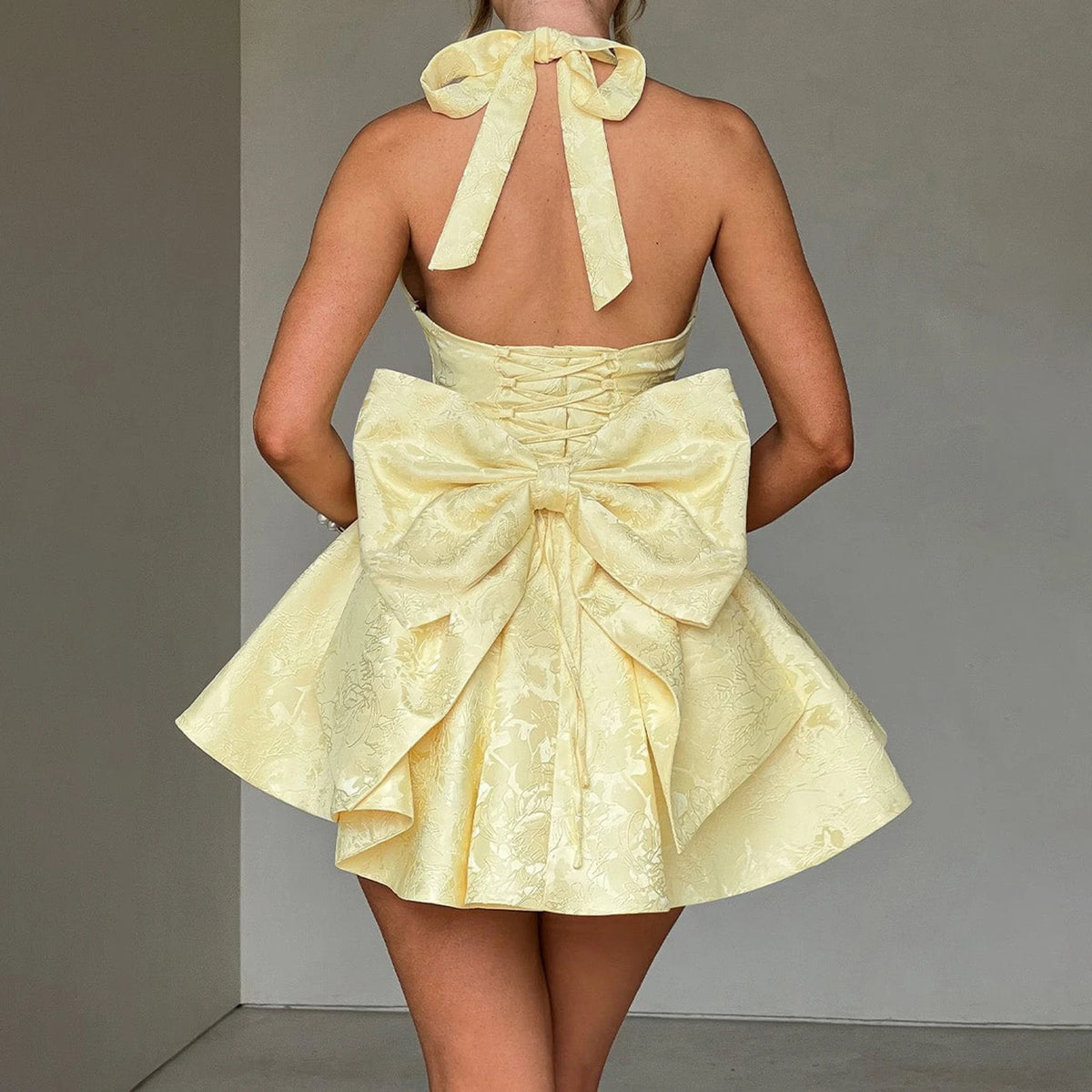 Women Sleeveless Halter Neck Dress Summer Jacquard Big Bow Backless Mini Party Dress for Beach Club Streetwear