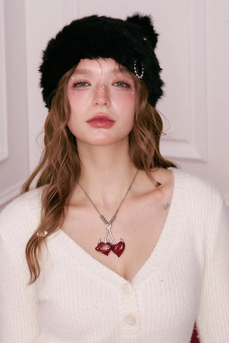 Y2K Design Cherry Pendant Little Devil Heart Necklace For Women