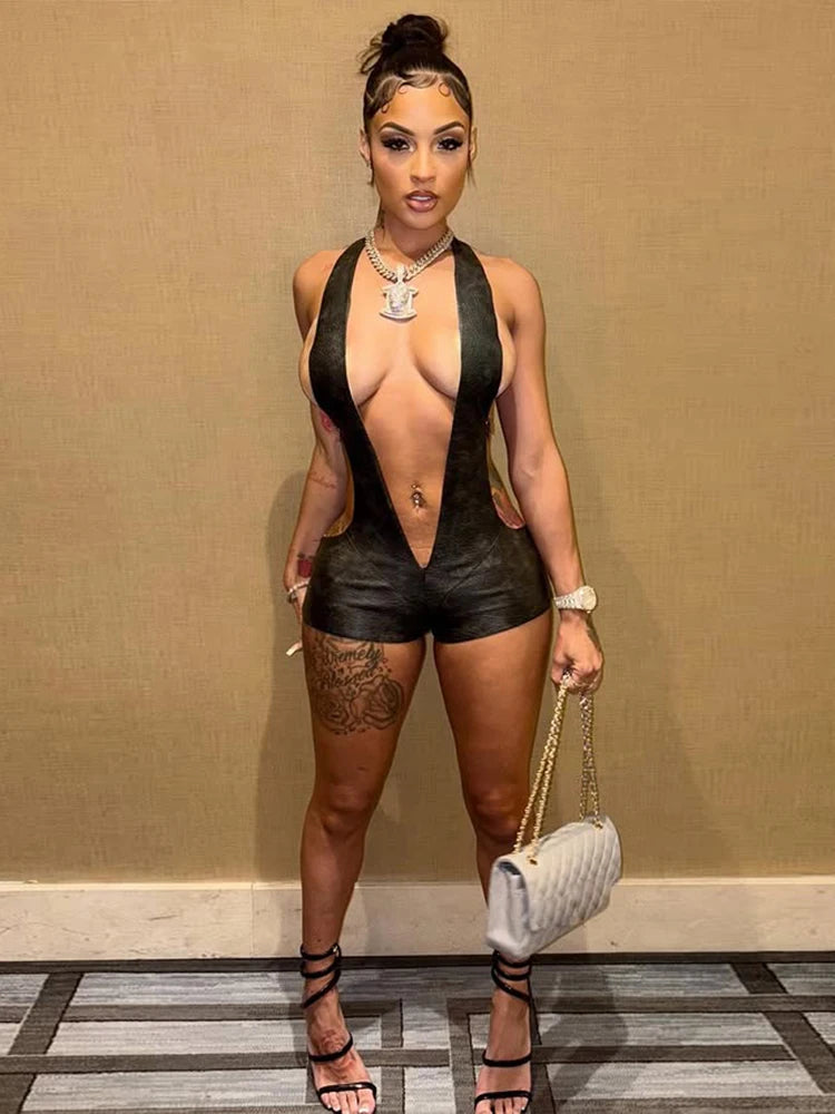 Backless Playsuit Woman Faux Leather Halter Deep V-Neck Side Hollow Design Lace-Up Hottie Wild StyleSexy Fashion  Rompers