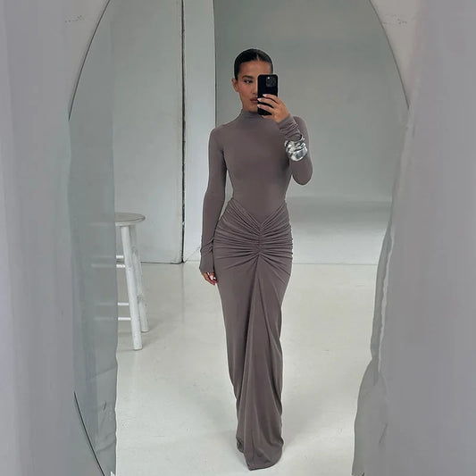 Fashion Ruched Long Sleeve Bodycon Maxi Dress Fall Clothes 2024 Women Elegant Sexy Party Dresses