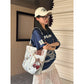 Women's Vintage Patchwork Canvas Tote Bag, Lace Bow Heart & Cat Print Large Capacity Shoulder Handbag