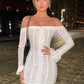 Off-shoulder Lace Sexy Mini Dress For Women White Strapless Long Sleeve Backless Bodycon Club Party Sexy Dress Elegant