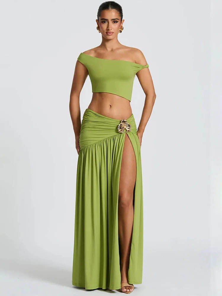 Elegant Dress Set Women Skew Collar Crop Top And Split Skirt Matching Set Fashion Backless Pleated Skirt Two Piece Set