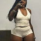 Diamond Women 2 Piece Set Luxury Knit Halter Backless Tank Tops+Shorts Casual Matching Streetwear Stretch Simple Suit