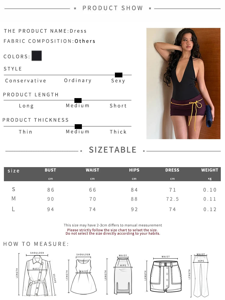 Street Mini Dress Woman Contrast Patchwork Bandage Halter Low-Neck Backless Skinny Peach Hip Y2K Elegant Style Bodycon