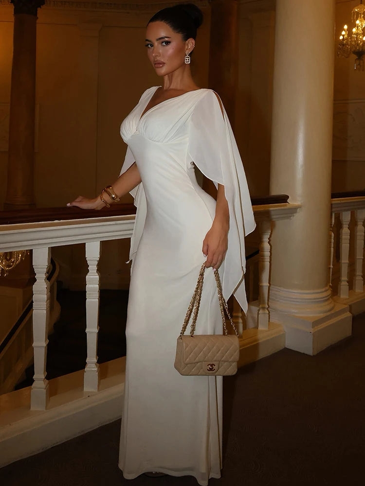 Women Deep V Neck Flutter Sleeve Maxi Dress Cape Sleeve Mermaid Evening Elegant Wedding Guest Long Party Dress Vestidos
