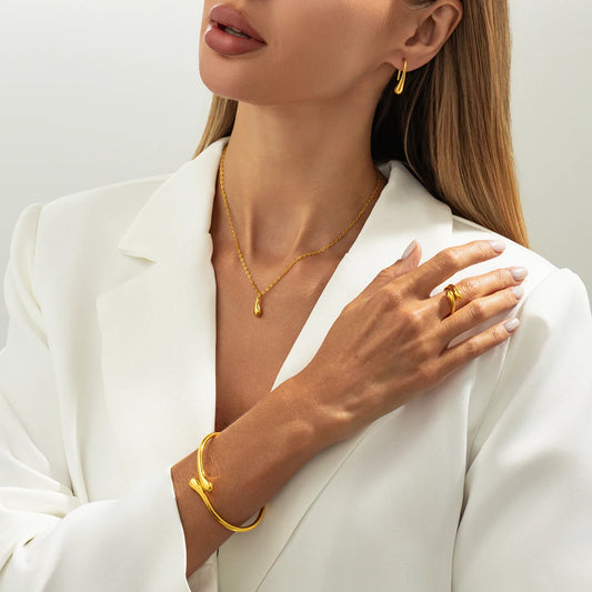 Vintage Minimalism Water Droplet Pendent Necklace Bracelets Earrings Rings Women Vintage Daily Metal Jewelry Set Gift