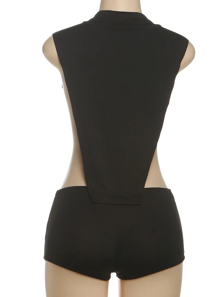 Coquette Women Playsuit Sleeveless Hipster Sexy Ruched Shoulder Side Split Solid Stretch Midnight Clubwear Romper