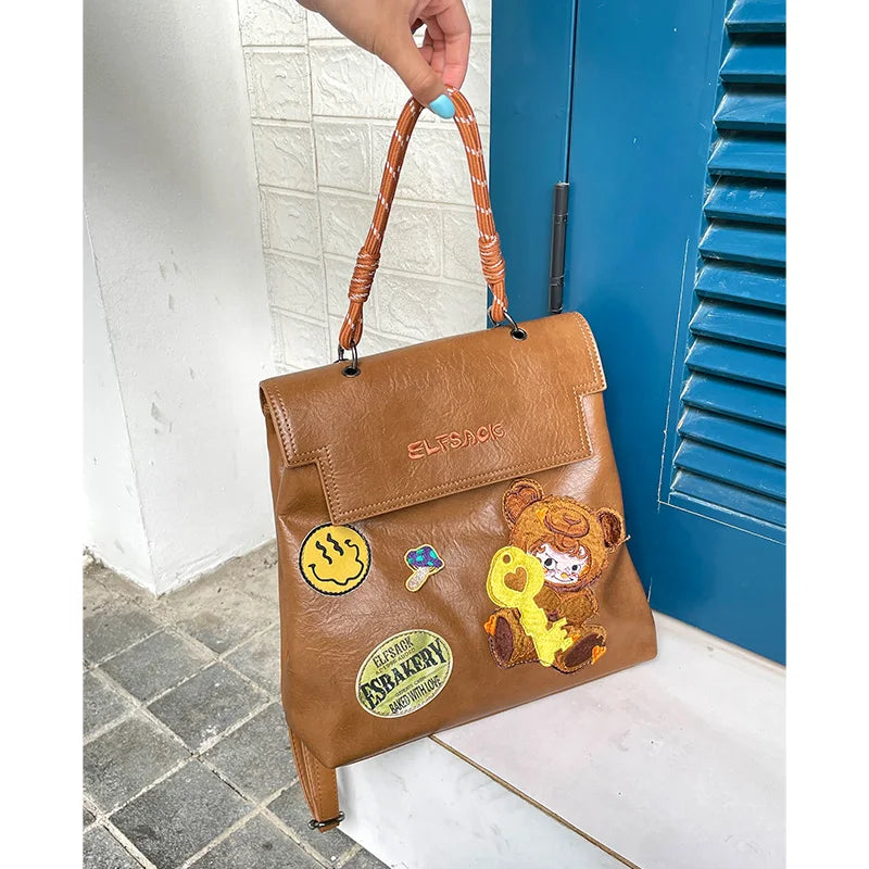 2025 Autumn New Arrivals Casual Cute Leather Cartoon Embroidery Backpack School Bag For Woman