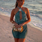 Tie Dye Halter Backless Sexy Mini Dress Women Robe Hollow Out Off-shoulder Sleeveless Beach Club Party Dress Elegant