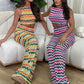 Crochet Stripe 2 Piece Set Women o-Neck Sleeveless Crop Tops+Straight Pants Street Fashion Y2K Style Elegant Outfits