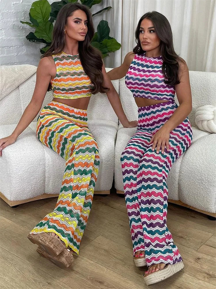 Crochet Stripe 2 Piece Set Women o-Neck Sleeveless Crop Tops+Straight Pants Street Fashion Y2K Style Elegant Outfits