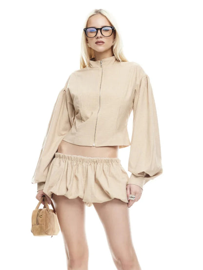 Chic Casual Stripe 2 Piece Set Women Autumn New Style Zipper Cardigan Full Sleeve Jacket+Ruched Mini Skirts Streetwear