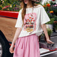 Women's Oversized Drop Shoulder T-Shirt, Graffiti Cake Print Double Gauze Tee, Casual Versatile Summer Short Sleeve Top