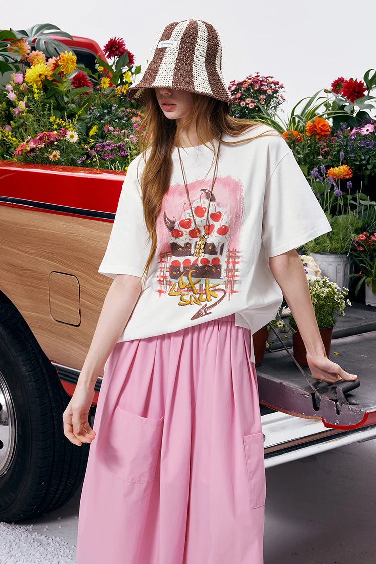 Women's Oversized Drop Shoulder T-Shirt, Graffiti Cake Print Double Gauze Tee, Casual Versatile Summer Short Sleeve Top