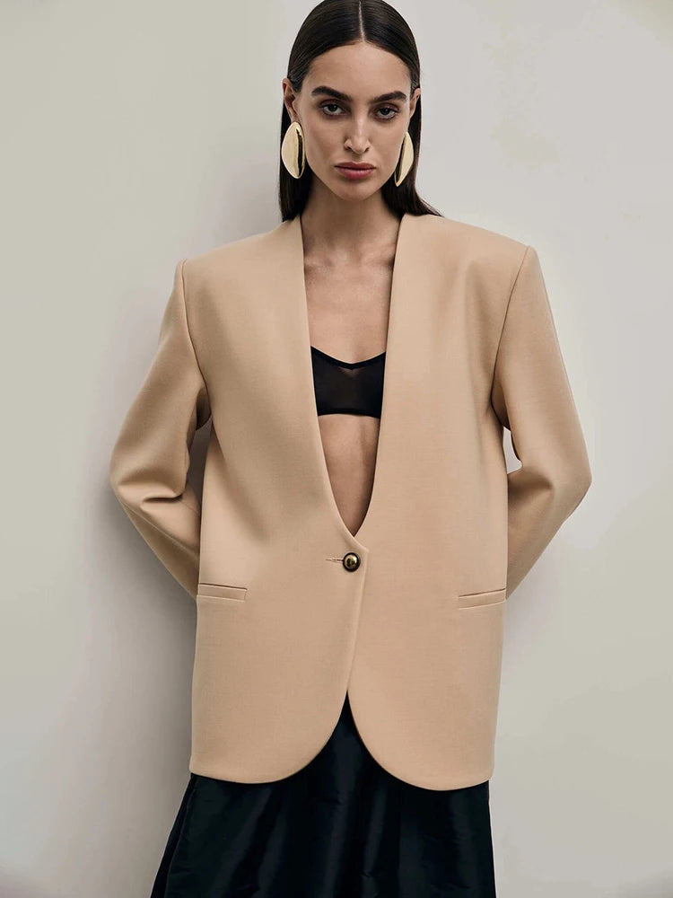 Deep V Neck Long Sleeve Sexy Blazer Jacket Women Elegant Office Lady Elegant One Button Blazers Jackets Slim Coats