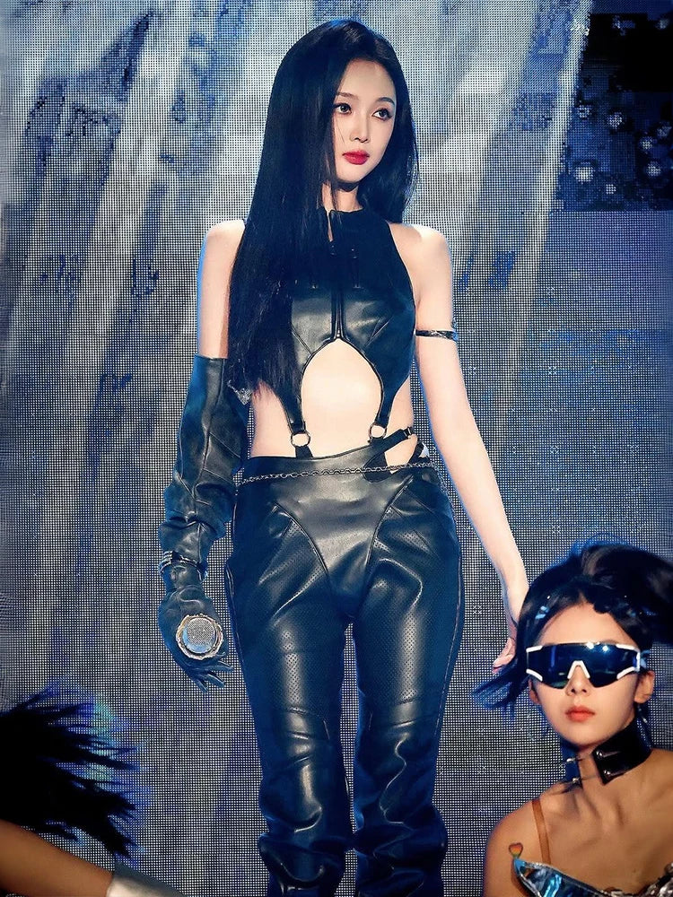 Zipper Sexy Bodysuit Women Faux Leather Patchwork Hollow Sleeveless o-Neck Waistless Midnight Music Festival Outfits
