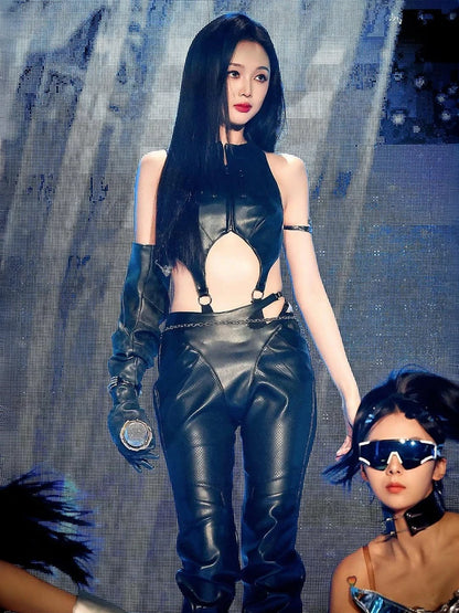 Zipper Sexy Bodysuit Women Faux Leather Patchwork Hollow Sleeveless o-Neck Waistless Midnight Music Festival Outfits