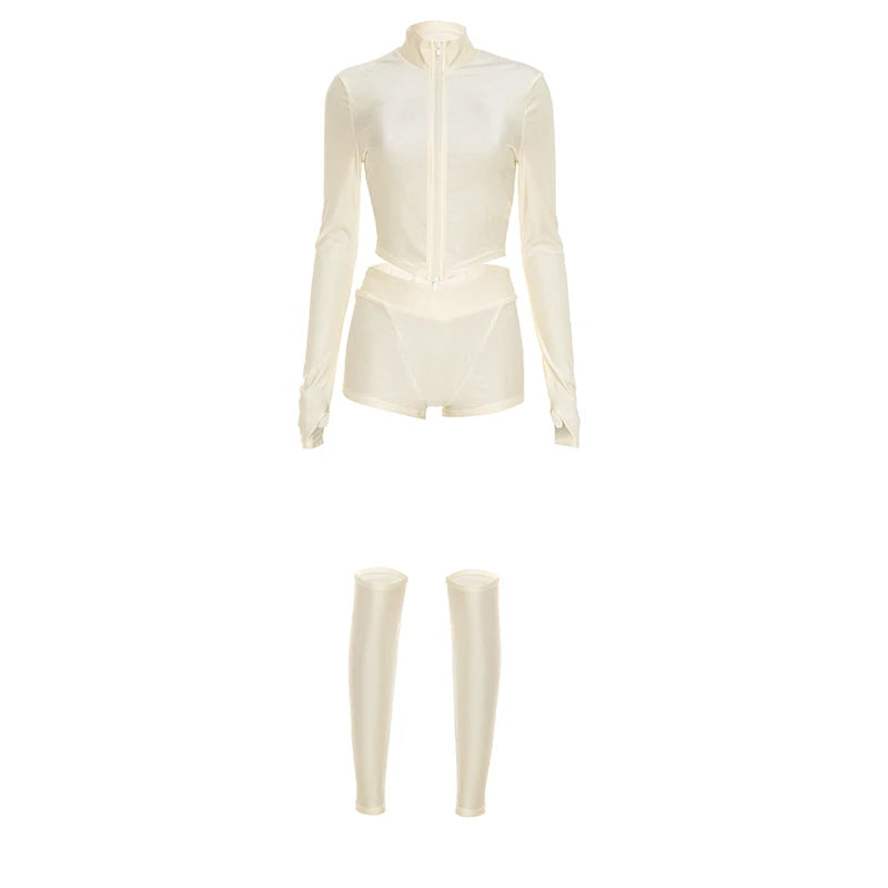 Sporty Style 3-Piece Set Women Zipper Full Sleeve Crop Tops+Simple Short+Elasticity Leg Sleeve Street Autumn Suit