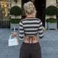 Gray Striped Knit Long Sleeve Wrap Crop Tops Deep V Neck High Quality Fall T Shirts Woman Clothing
