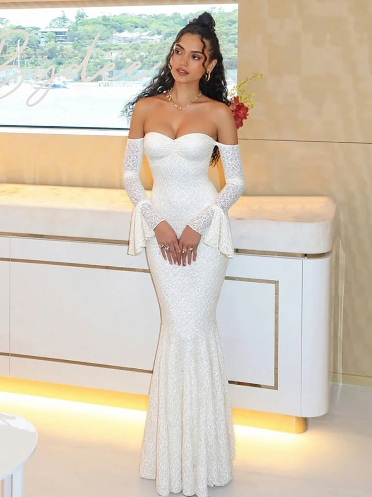 Sexy See Through Dress Women Slash Neck Off Shoulder Flared Sleeve Ruffles Hem Street Ruched Elegant Long Bodycon