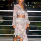 Sexy Air Print 2 Piece Set Women Fashion Deep V-Neck Full Sleeve Crop T-Shirt+Irregular Hem Skirt Trend Party Suits