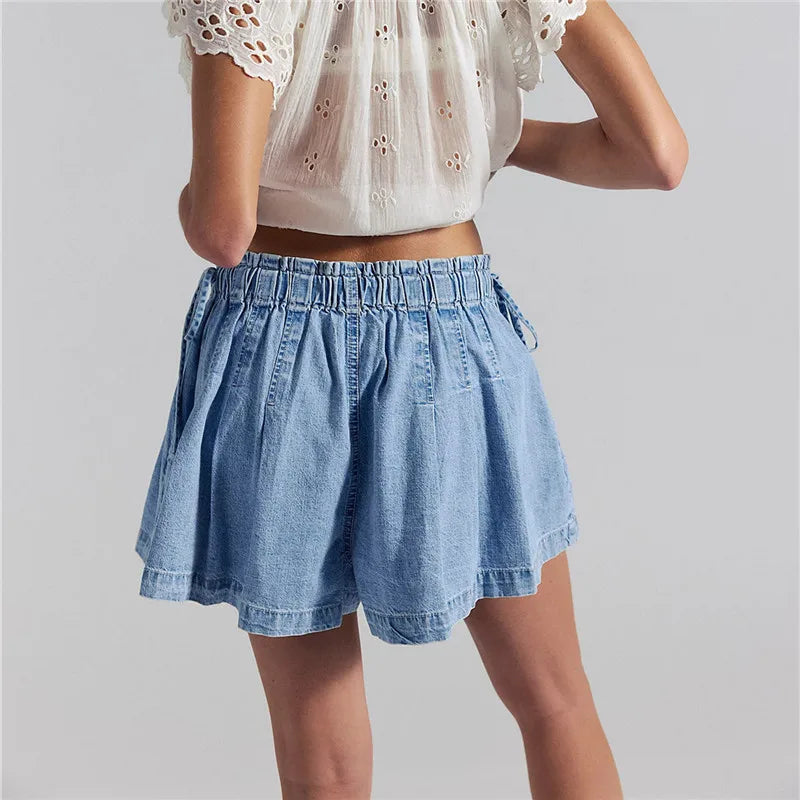 Women Y2K Retro Pleated Denim Shorts High Waist Elastic Waist Wide Leg Casual Shorts with Drawstring Pockets Streetwear