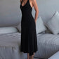 Halter Deep V Neck Sexy Midi Dress Women Elegant Black Sleeveless Backless Ruched Flared Hem Club Party Long Dresses