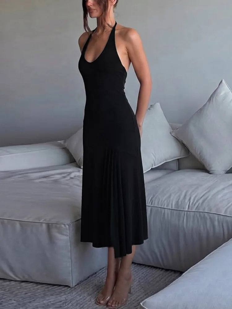 Halter Deep V Neck Sexy Midi Dress Women Elegant Black Sleeveless Backless Ruched Flared Hem Club Party Long Dresses
