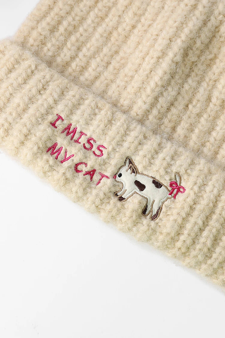 Y2K Cute Solid Kitten Embroidery Cat Ear Beanie For Women