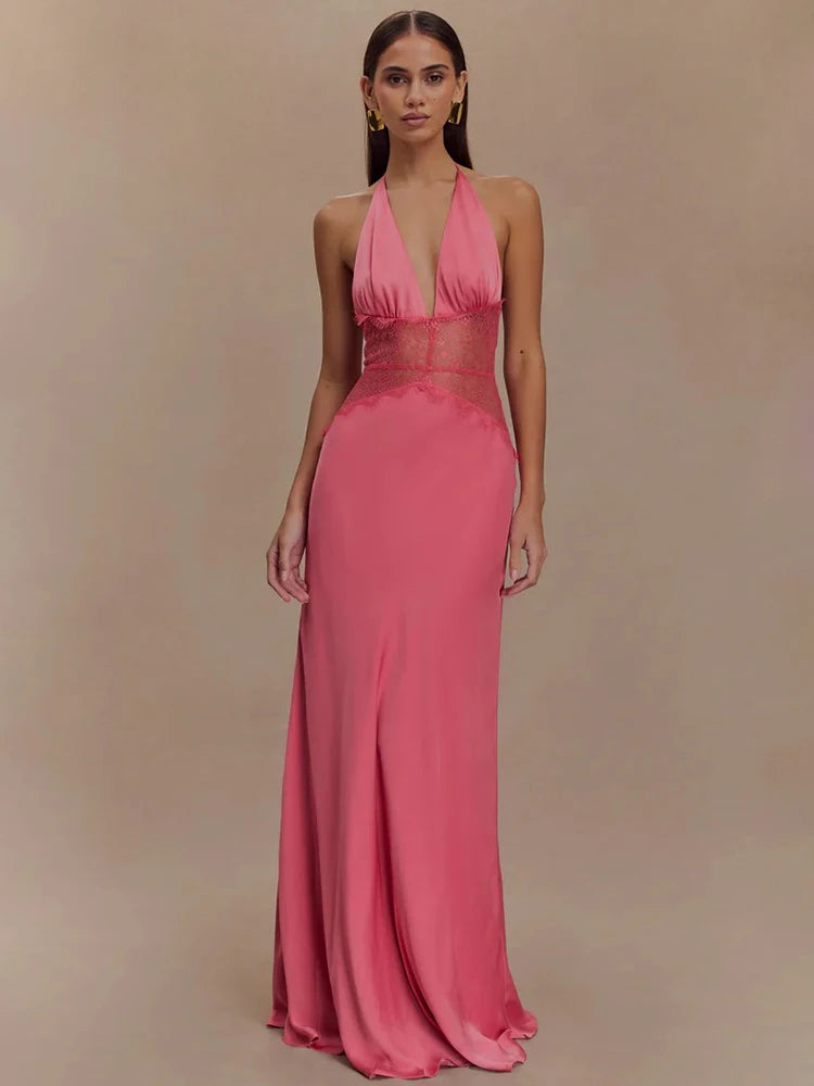 Summer Backless Sexy Maxi Dress Women Gown Patchwork Lace Halter Deep V Neck Sleeveless High Waist Elegant Long Dress
